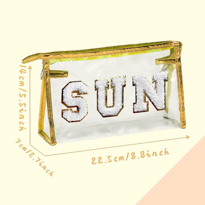 COSHAYSOO Clear Makeup Bag Preppy Sunscreen Zipper Pouch Cosmetic Beach Travel Summer Stuff Small Make Up Purse Organizer for Women Teen Girls with Trendy Cute Chenille Letter Patch Golden SUN - Image 2